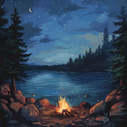 Campfire by the Lake at Night