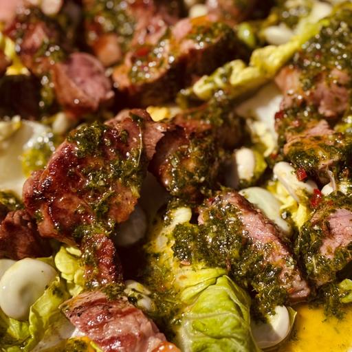 Grilled Lamb Leg with Barbecued Broadbeans and Zhoug