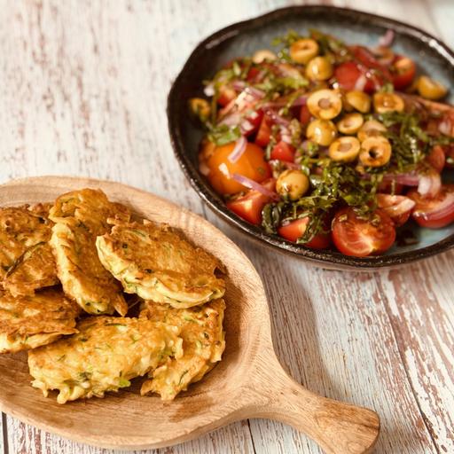 Courgette Fritters with Tomato Salad