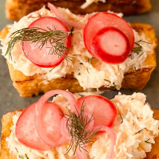Savoury French Toast With Crab Salad, Pickled Radish, Dill Mayonnaise