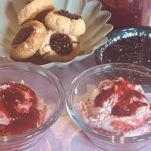 Damson Cheesecake Cream with Blackberry Thumbprint Biscuits